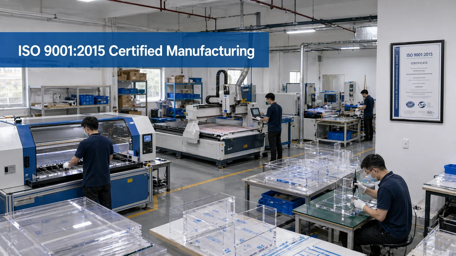 Illustrative visualization of an acrylic production floor with CNC and laser equipment