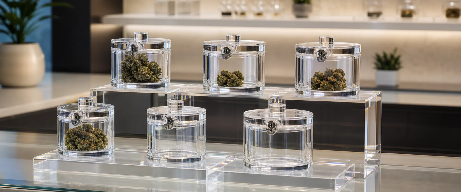 Custom acrylic cannabis and dispensary displays — counter risers, product jars, and lockable cases in a regulated retail setting
