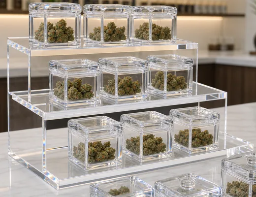 Acrylic counter risers and menu holders in a cannabis dispensary sales counter