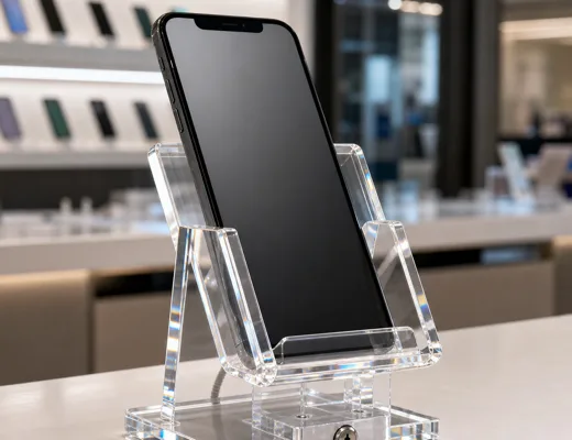 Acrylic mobile phone security display stand with locking base on a counter