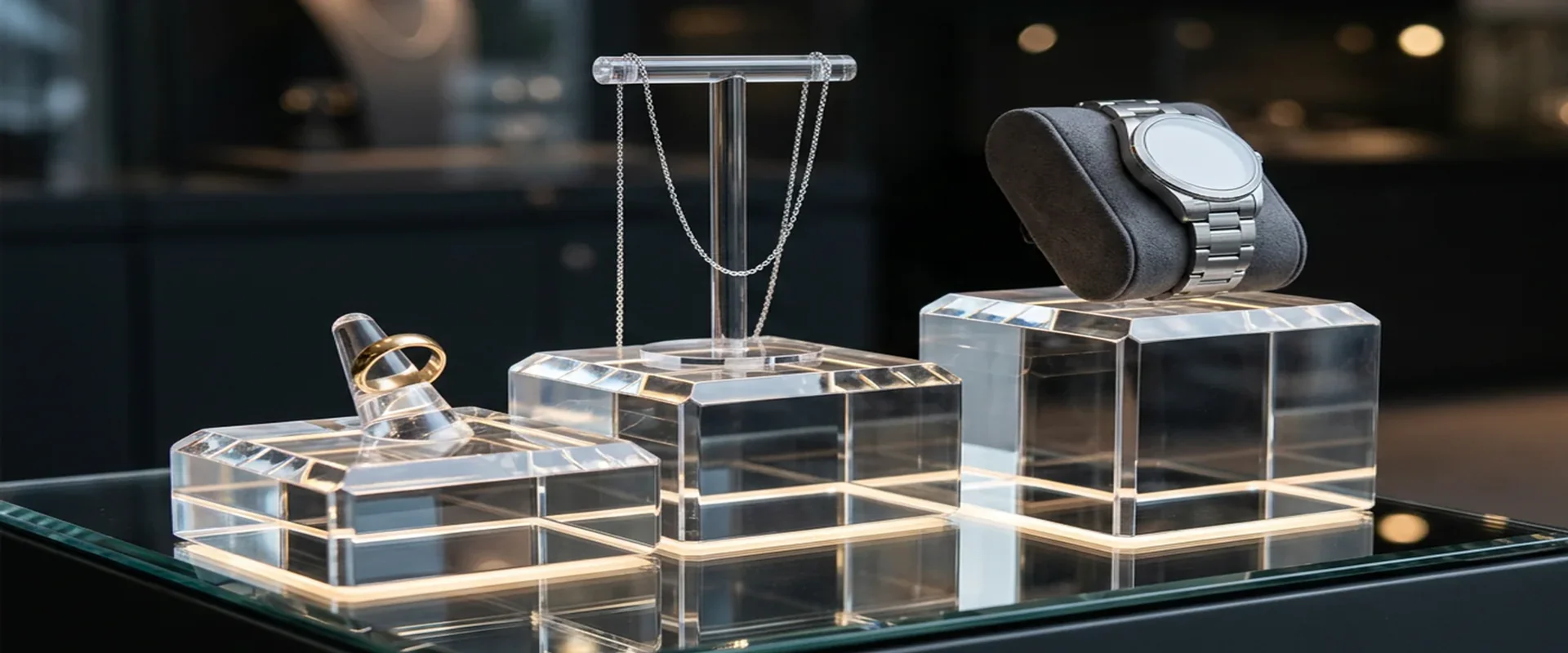 Custom acrylic jewelry display cases with diamond-polished edges and LED base