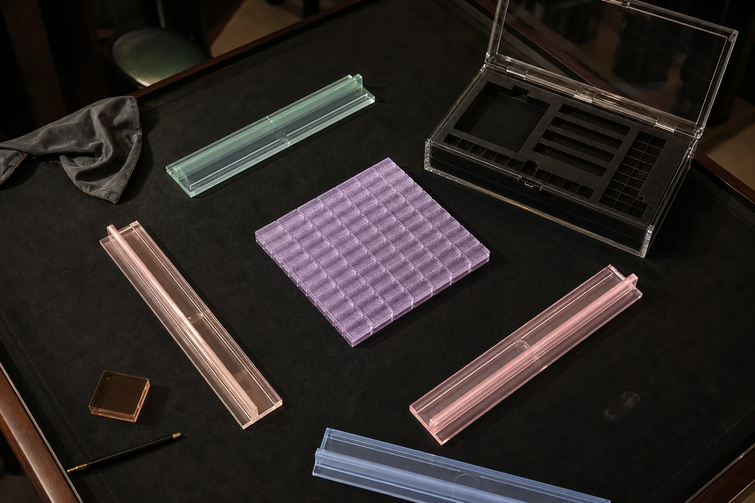 Overhead material and presentation concept with translucent acrylic tiles placed face-down, four pastel racks, and an open clear storage case on dark felt