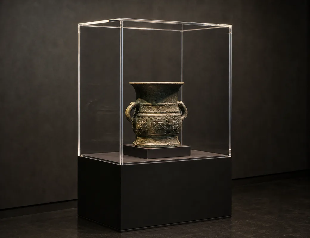 Clear acrylic artifact vitrine on a sealed dark plinth base holding a bronze vessel in a museum gallery