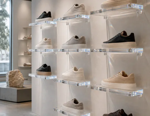 Mirror-finish acrylic pedestal presenting a hero sneaker at a limited-drop pop-up
