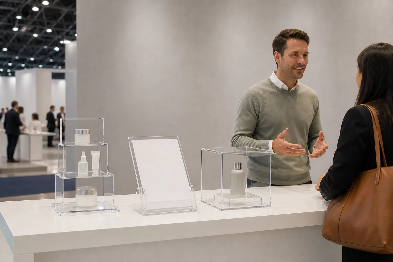 Custom acrylic trade show display fixtures on an exhibition booth counter — tiered riser, literature holder, and clear display case