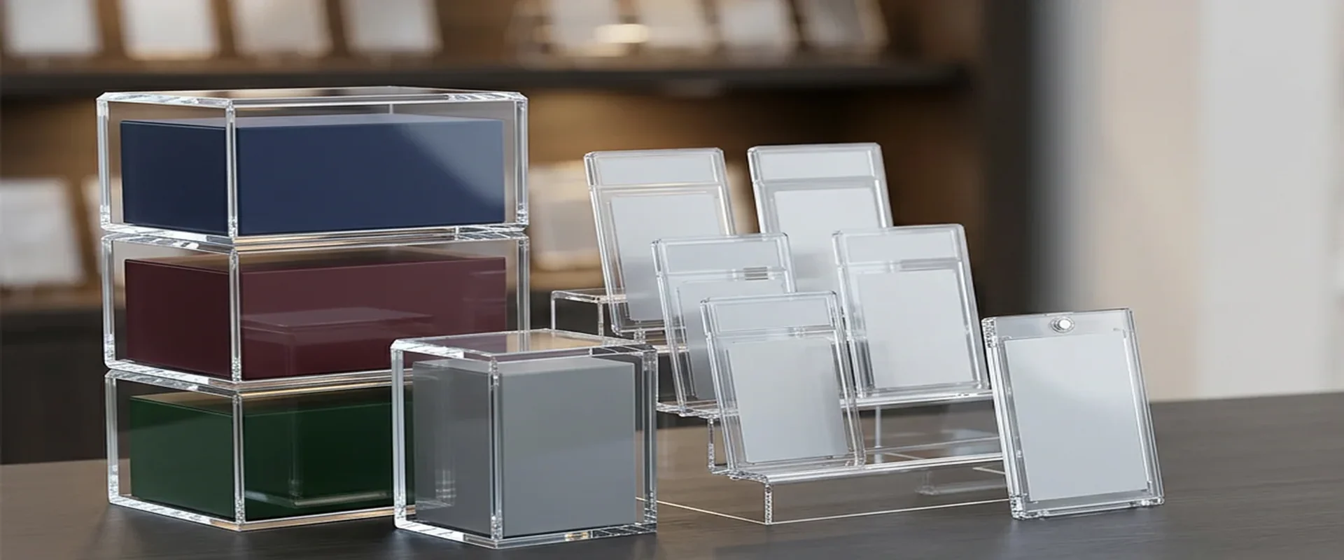 Card shop counter with acrylic display cases for trading cards and collectibles