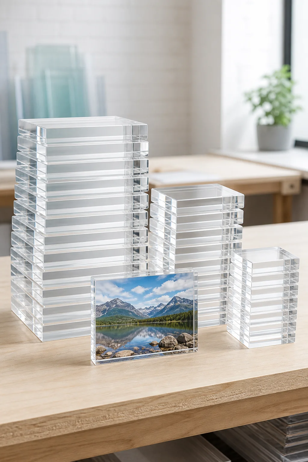 Stacks of clear cast acrylic photo blocks in three sizes on a print lab workbench, one block face-on with a mounted landscape photo behind glossy polished PMMA and crisp 90-degree corners