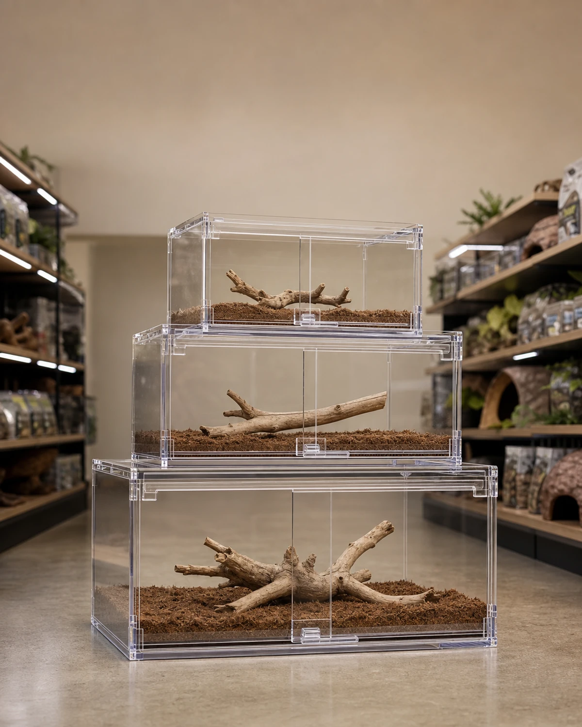 Three custom acrylic snake enclosures in different SKU sizes — corn, ball python, kingsnake — lined up on the Wetop production floor with ventilation slots and front-slider doors visible