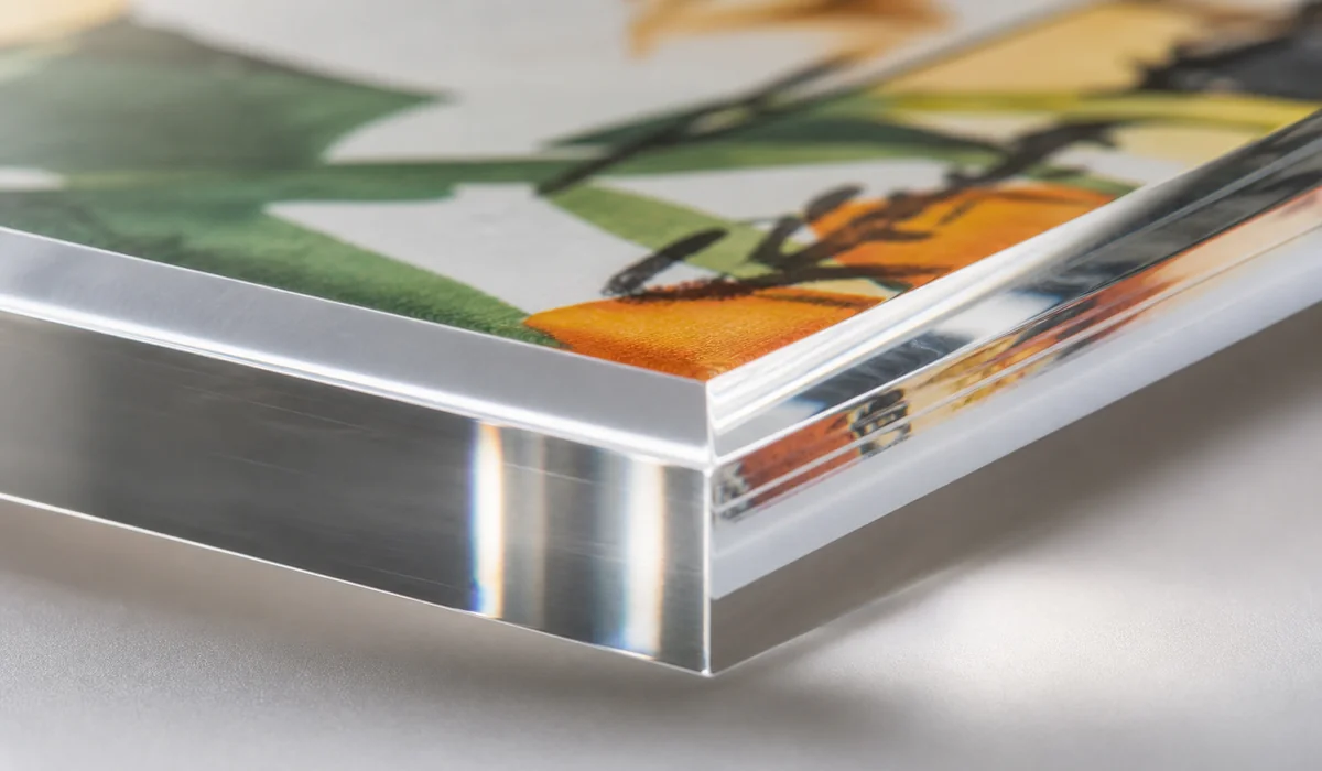 Macro cross-view of a bottom-printed acrylic tray edge showing the artwork ink layer beneath clear cast PMMA and the opaque white flood backing layer