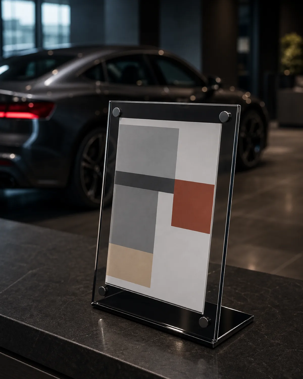 600 custom acrylic magnetic-swap countertop displays in 2 SKUs rolled out across an automotive showroom network