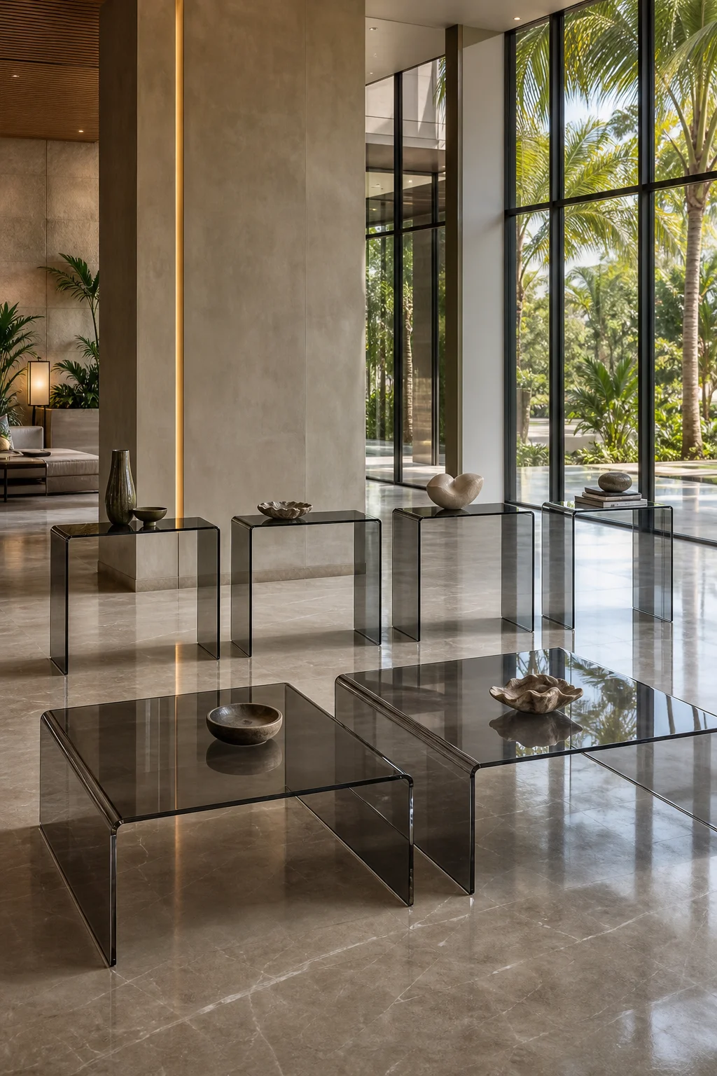 Two smoke-tinted acrylic coffee tables with waterfall edges flanking four matching console tables, arranged in a contemporary hotel lobby setting with tropical daylight filtering through floor-to-ceiling glass