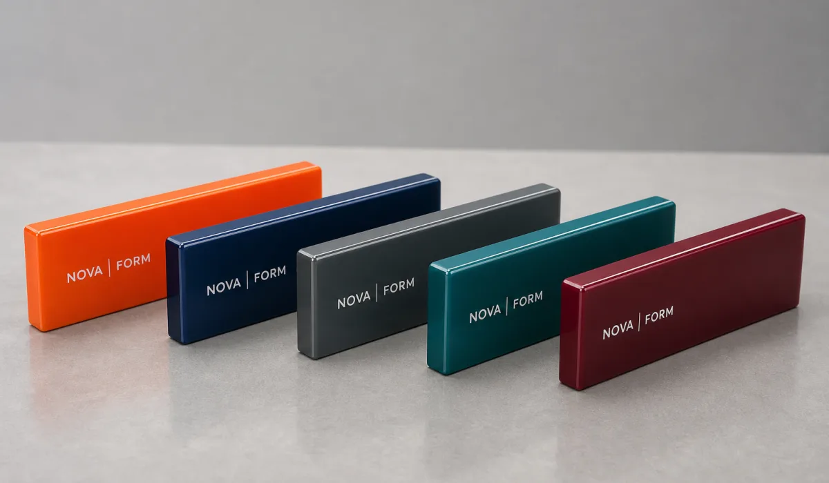 Five identical-size UV-printed acrylic logo blocks in different brand colors lined up in a row, showing the one shared block geometry behind the co-brand program