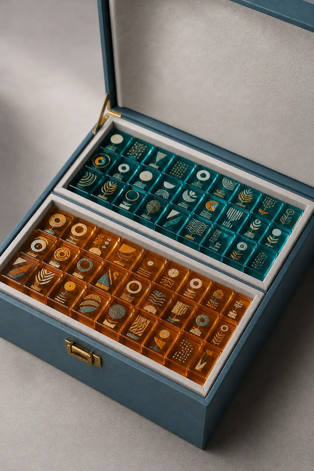 Designer acrylic mahjong set open in a fitted rigid gift box, two palette groups of glossy pigmented PMMA tiles with beveled shoulders catching the light