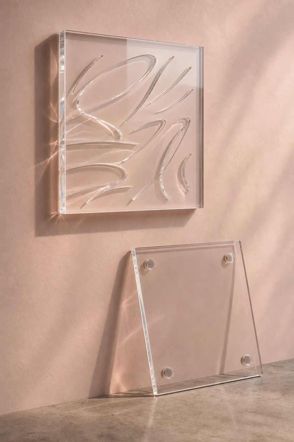 Engraved acrylic sign with embedded rear magnets mounted on a beauty retail wall, one of 240 plexiglass campaign signs across 6 SKUs