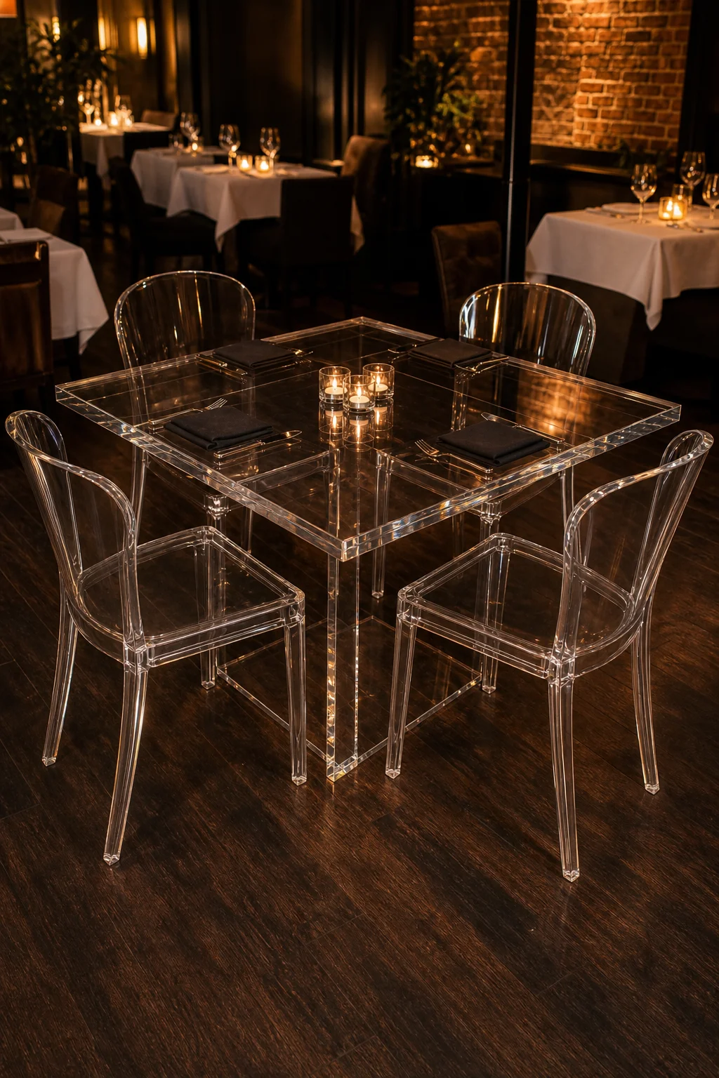 Clear acrylic dining table and matching chairs in a fine-dining restaurant setting — 20 mm cast PMMA tabletop with flame-polished food-safe edges, four acrylic chairs with curved backrests, warm ambient lighting