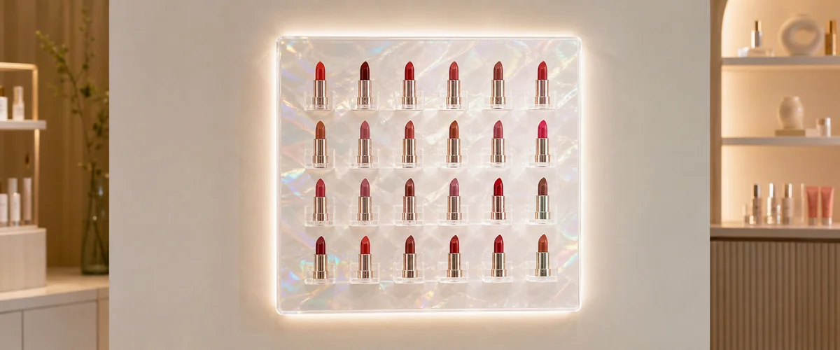 192 backlit pearlescent acrylic lipstick wall fixtures with UV-print branding installed across 8 indie-beauty boutique stores