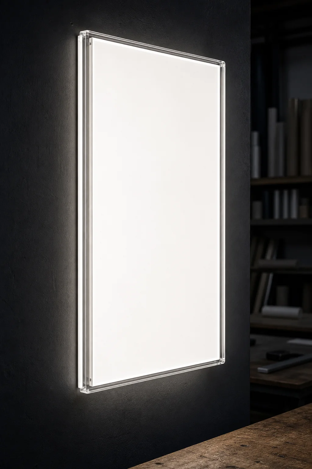 Slim illuminated acrylic light box frame glowing evenly on a dark workshop wall, the opal diffuser panel emitting uniform white light with no LED hotspots