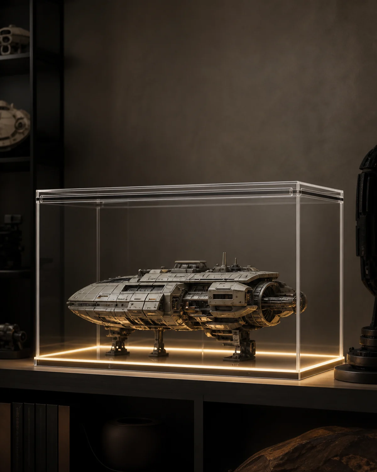 6 acrylic vertical display cases for UCS LEGO Star Wars sets — UV-stable cast PMMA, gasket-sealed front lid, bottom-rim LED channel