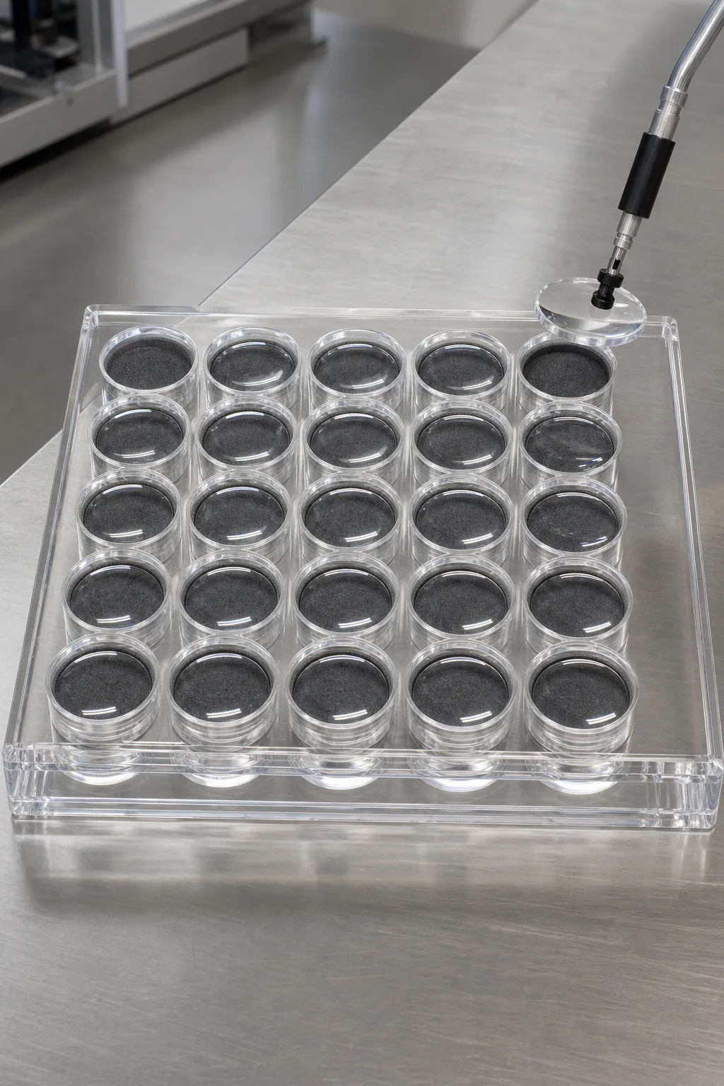 Clear acrylic (PMMA) divider tray with a 6 by 4 grid of dark flock-lined round pockets holding polished optical lens blanks between production stations