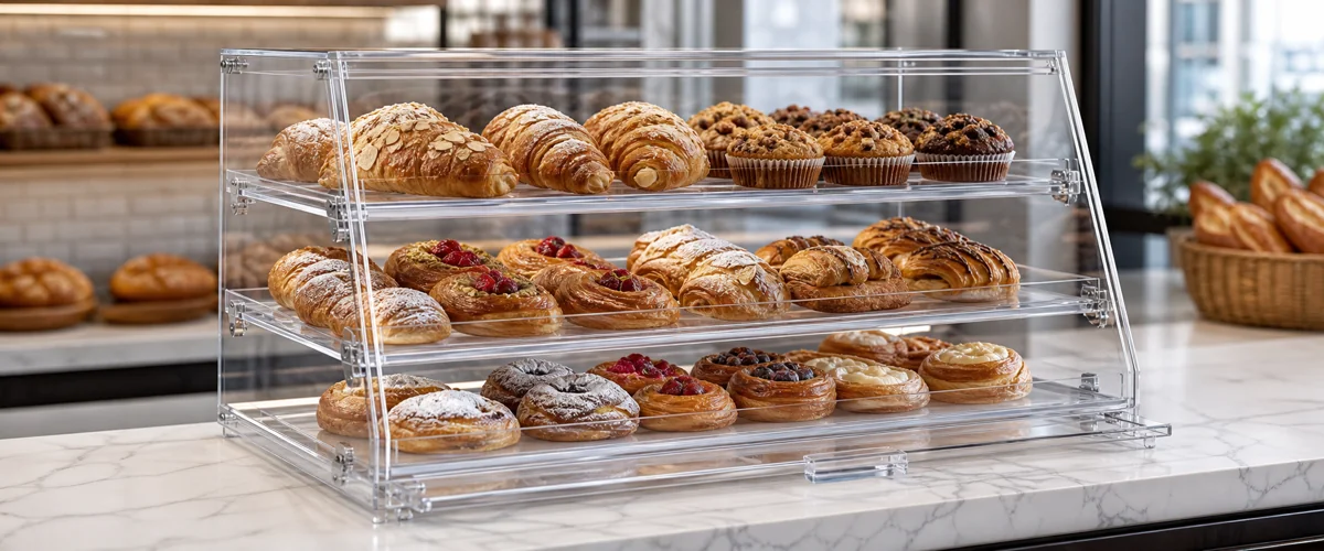 28 UV-protected climate-rated acrylic pastry display cases with branded base panels installed across a 14-location patisserie chain