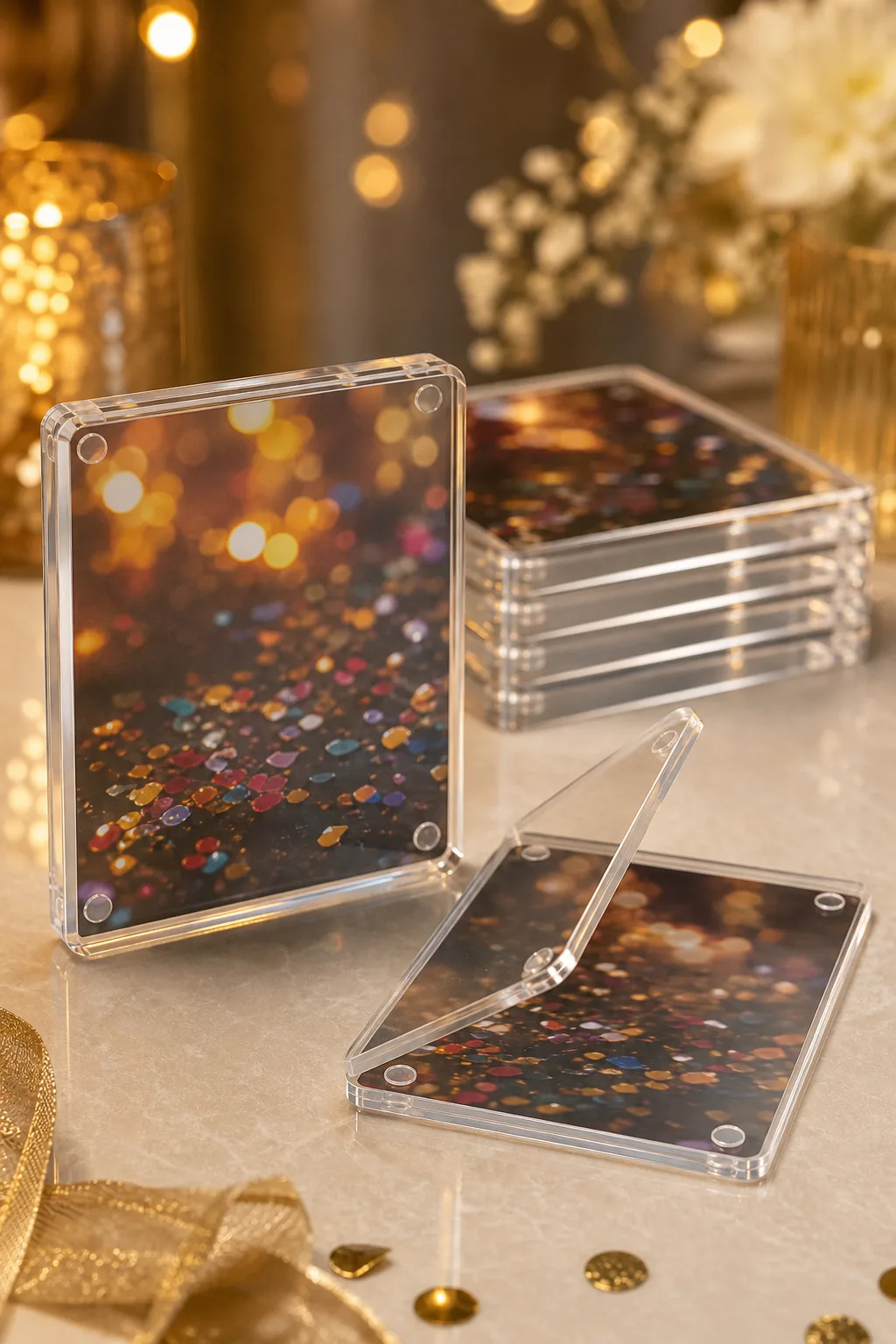 Thin sandwich-style clear acrylic magnetic photo frames holding 4x6 event prints, one frame peeled open at its corner notch beside a stack of closed frames