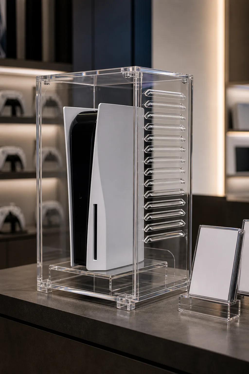 Clear acrylic console display enclosure with angled side louvers holding a white game console on a retail counter, beside plexiglass stands holding blank display cards