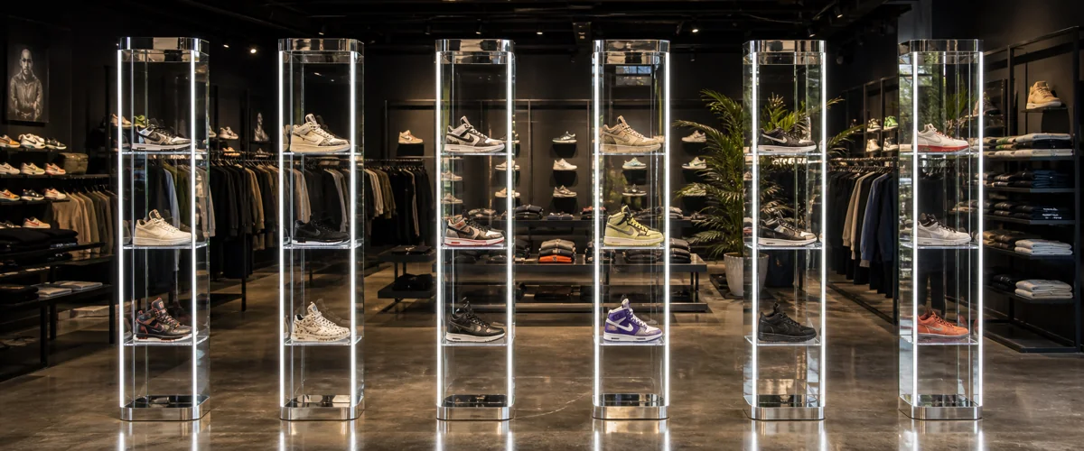 24 mirror-finish acrylic sneaker display pillars with branded bases and sneaker-fit pedestals installed across 6 streetwear boutiques in gateway cities