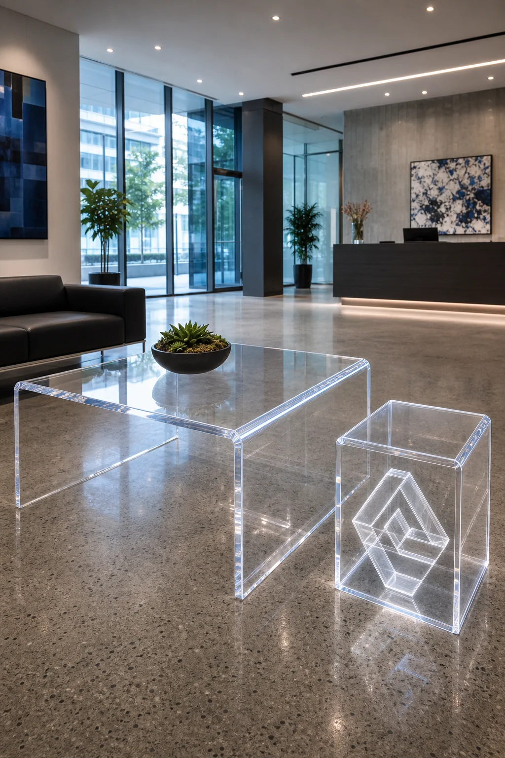 Clear acrylic coffee table and logo-integrated side table in a modern corporate reception area, subsurface laser-engraved company logo visible through 18 mm cast PMMA, soft studio lighting reflecting off diamond-polished edges