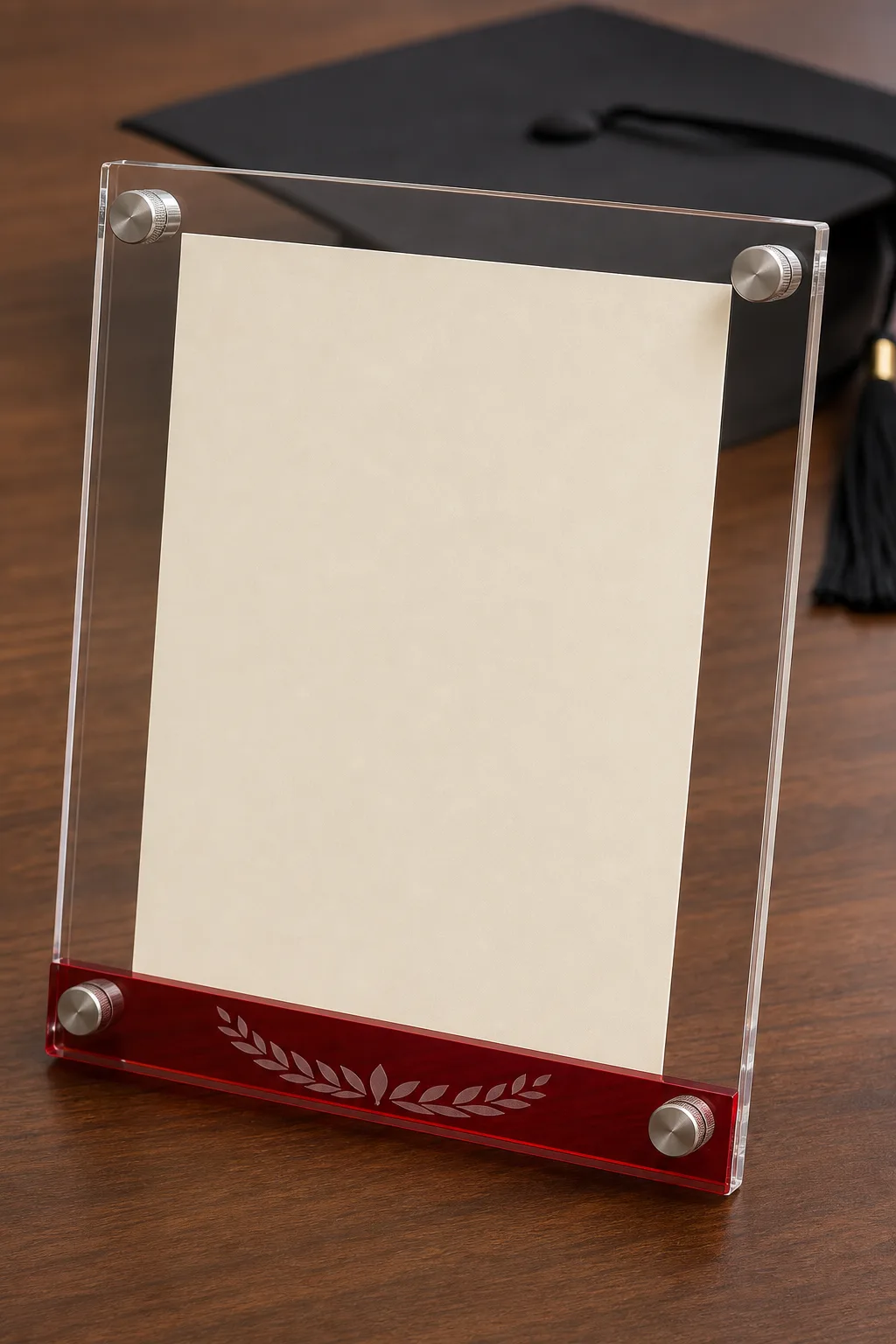 Clear acrylic standoff diploma frame holding an 8.5 x 11 inch university certificate, with a crimson school-color accent bar and etched laurel class-year motif along the bottom rail