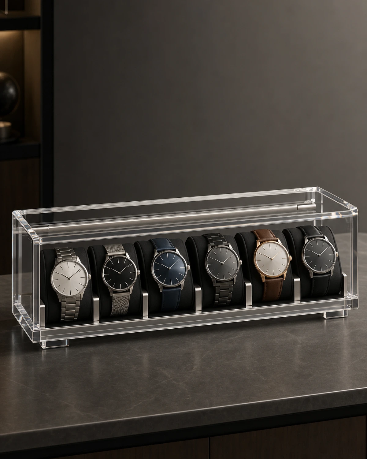 Four acrylic display cases for watch collectors arranged on a boutique counter — 3-watch, 6-watch, 12-watch tabletop formats and a 20-watch wall panel, each with silicone-pillow cradles holding mechanical watches and a magnetic dust-sealed lid