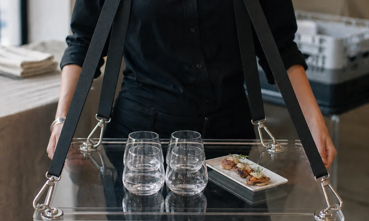 150 wearable catering trays with a strap-anchor redesign