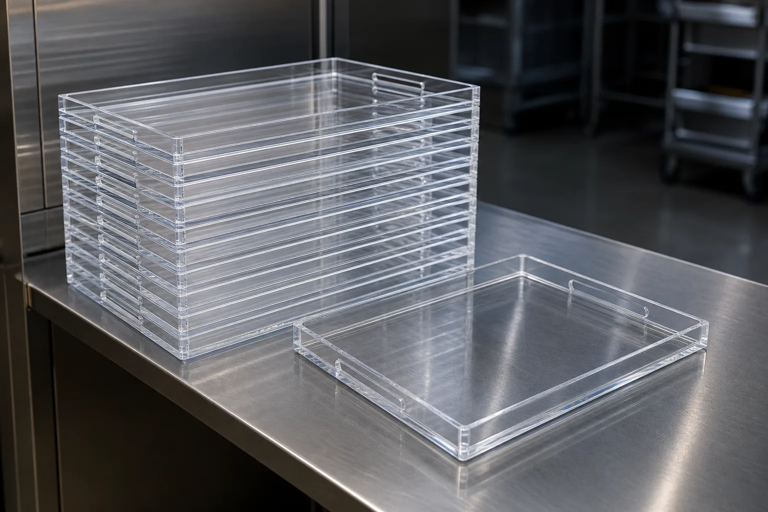 Stack of clear acrylic bed trays with polished edges in a hotel room-service station, one tray set with breakfast service beside the stack