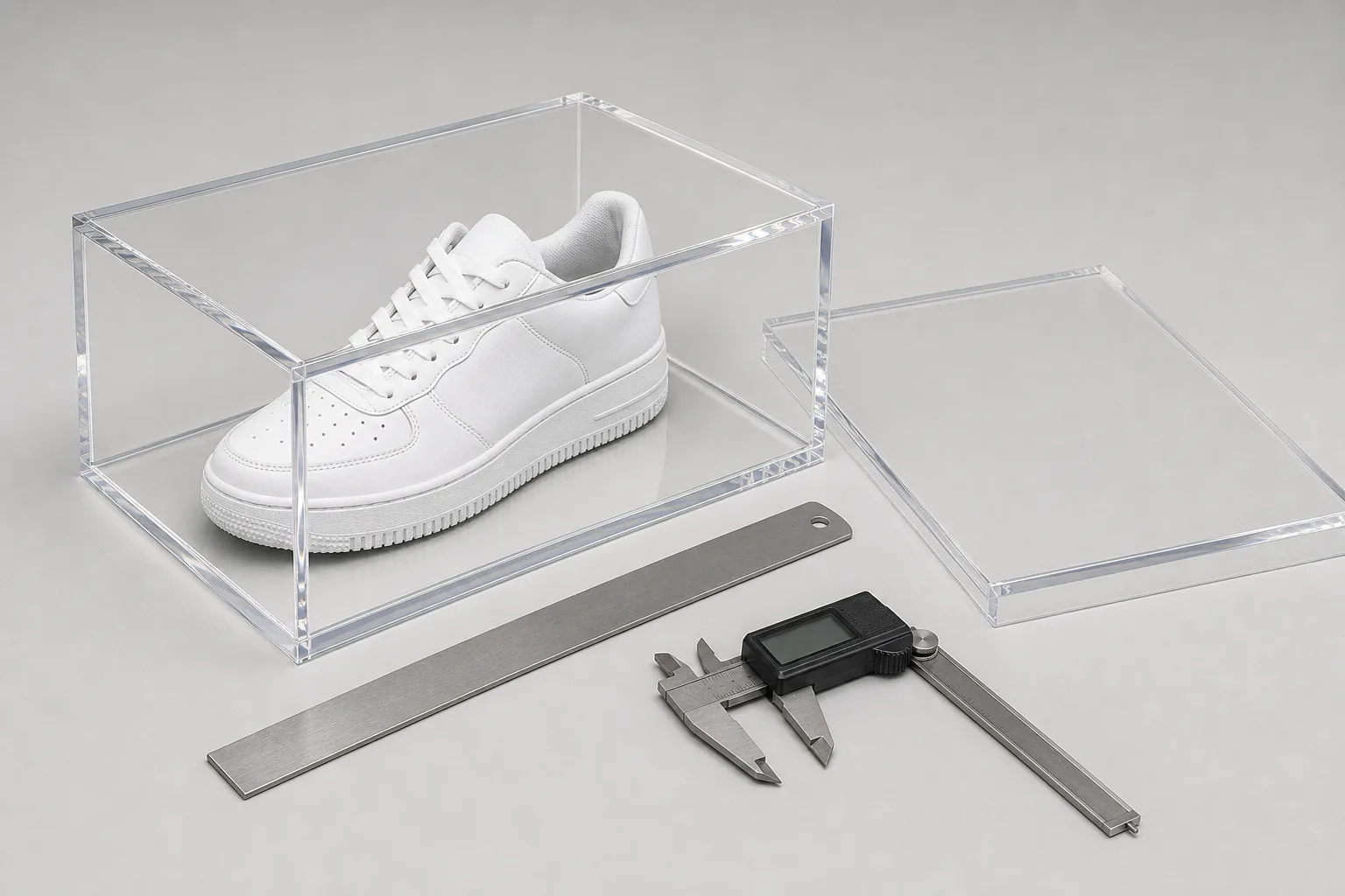 Clear acrylic display case with lift-off lid beside a steel ruler and digital calipers measuring a collectible sneaker, showing the measure-the-object method for display case dimensions
