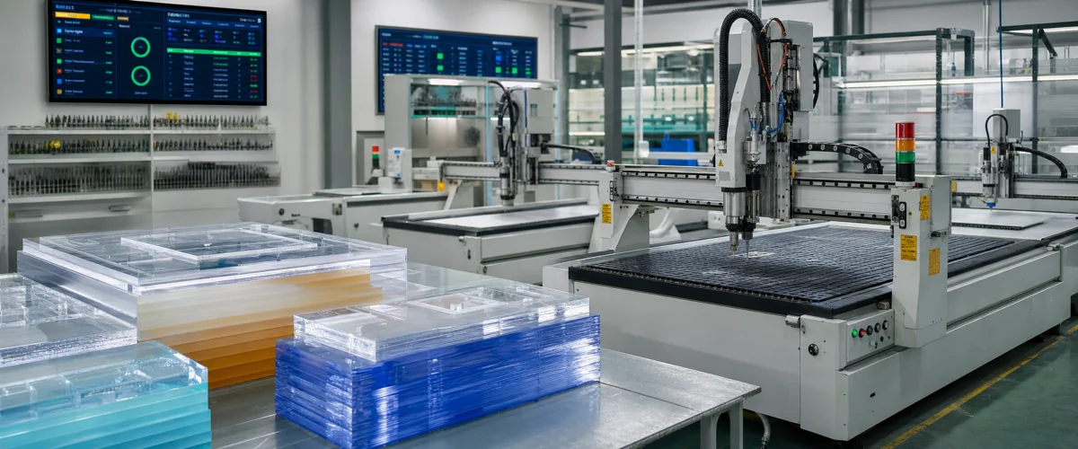 Wide editorial view of an acrylic fabrication shop floor with a CNC station in the foreground, a laser bay running mid-frame, and a polishing line with a QC inspector in the background