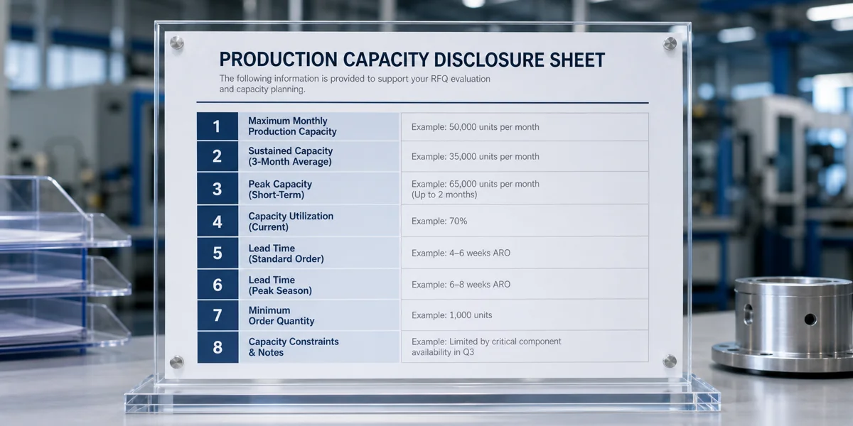 Production Capacity Disclosure Sheet — an 8-row RFQ template covering machine count, shift pattern, max daily output, current utilization, tooling library size, bottleneck stage, peak QC throughput, and sample-to-bulk lead time delta