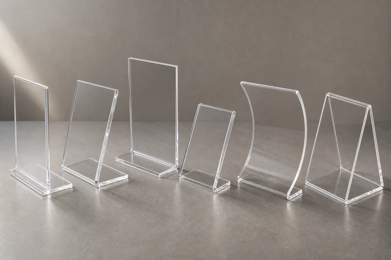 Row of line-bent clear acrylic sign holders and a curved thermoformed display fascia on a workbench, showing clean 90-degree folds with polished edges and light refracting through each bend