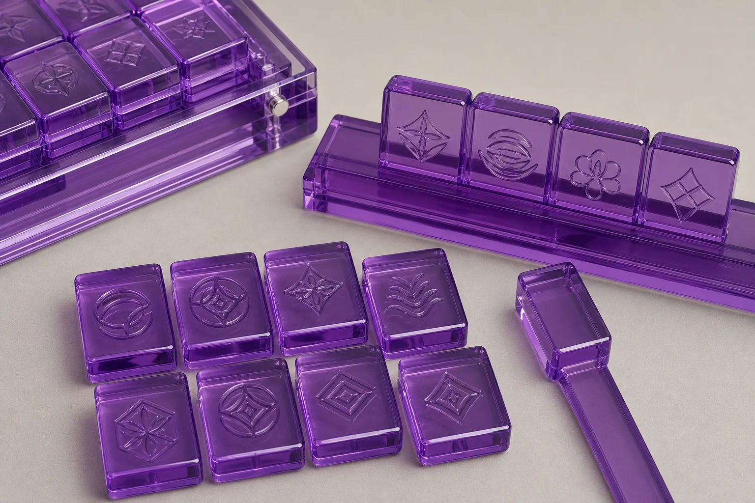Color-matched acrylic mahjong set OEM components — engraved cast acrylic tiles beside matching rack-and-pusher sets and an open tile case, all cut from the same colored PMMA batch