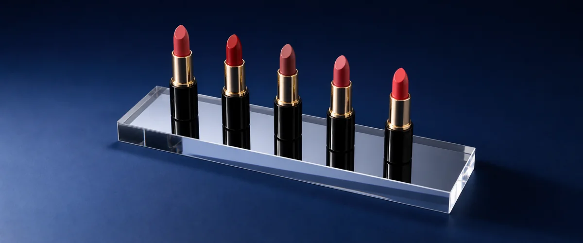 Acrylic mirror sheet riser displaying lipsticks on a polished cosmetics counter under warm retail lighting