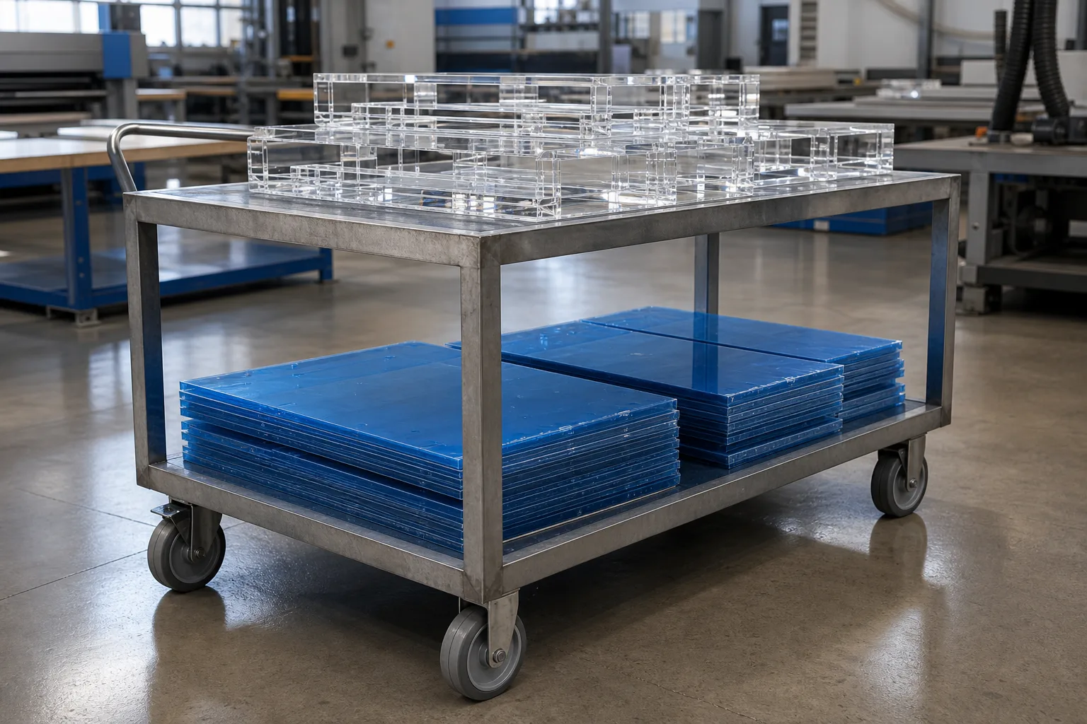 Freshly CNC-cut clear acrylic panels with protective film stacked on a factory cart beside diamond-polished finished PMMA parts, showing two stages of a custom acrylic production run