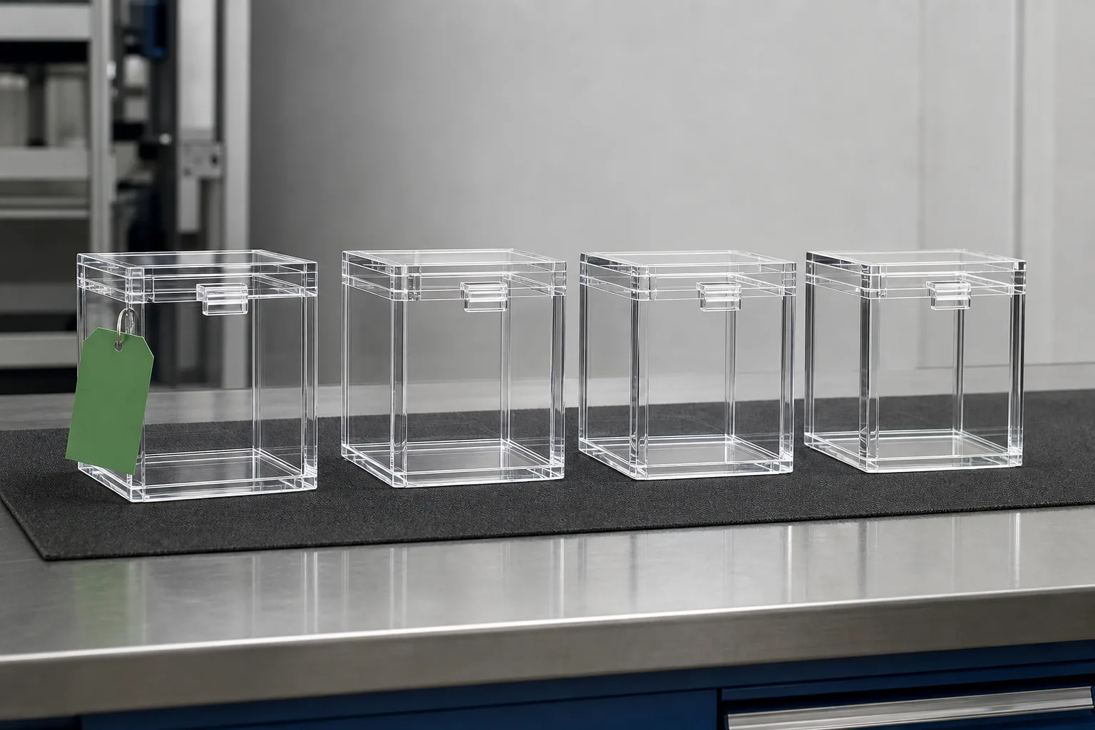 Approved clear acrylic prototype box with a green QC tag beside three identical production units on a factory inspection table, glossy cast PMMA surfaces under soft studio light