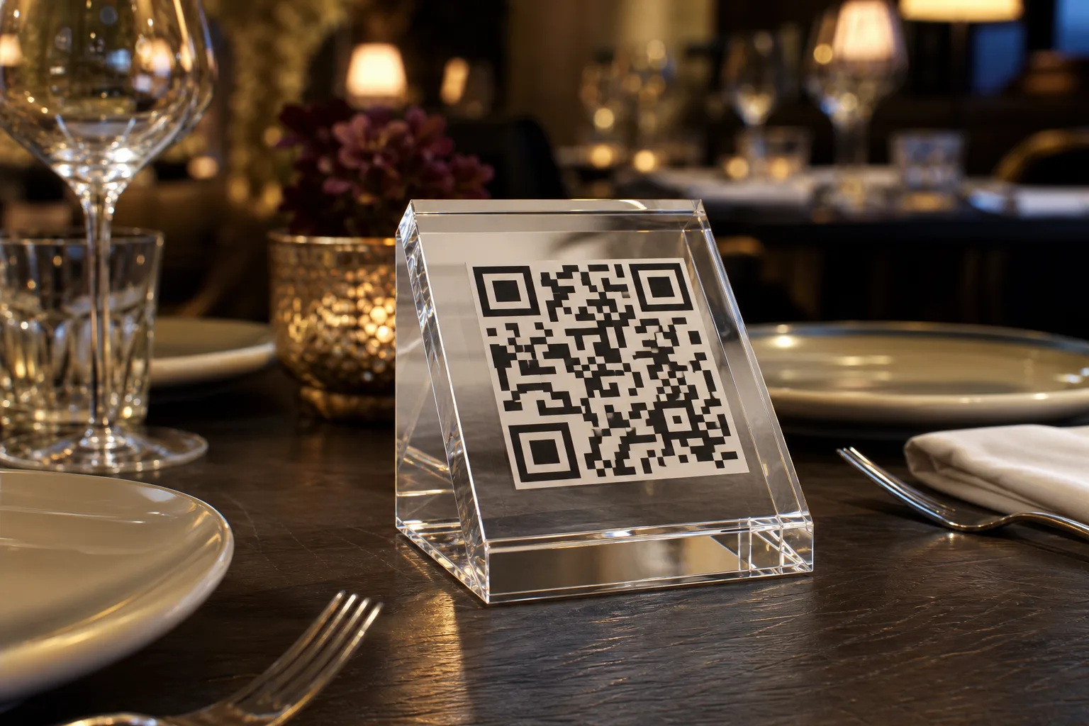 Acrylic QR code stand on a restaurant table — solid angled acrylic block with a UV-printed QR code, set among table settings with soft warm lighting