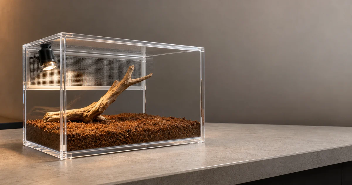 Acrylic reptile enclosure with substrate, heat lamp, and branch on a neutral retail counter, soft directional light, no live animal — buyer guide context