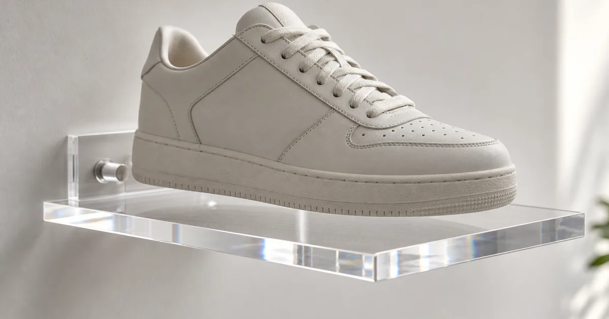 Clear cast acrylic floating shoe display wall — sneakers on cantilevered clear acrylic shelves that appear to levitate against a wall, an acrylic shoe display wall system for retail