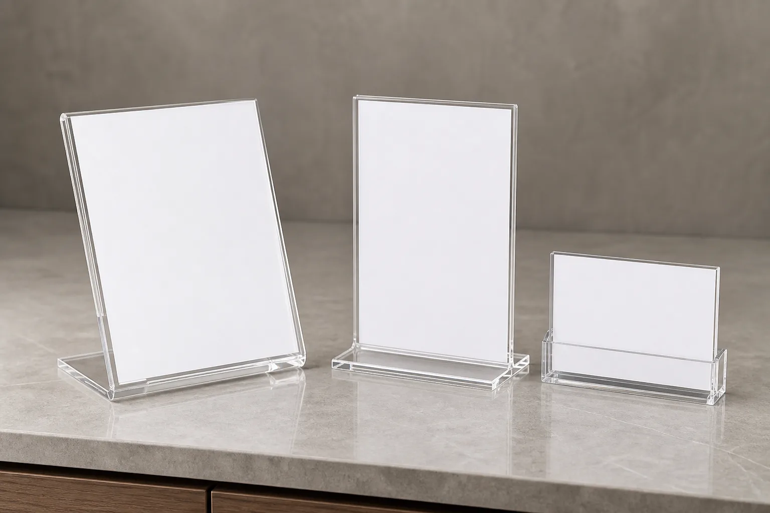 Three clear acrylic sign holder base types side by side on a retail counter — a slant-back 8.5 x 11 holder, a double-sided T-style 5x7 holder, and a small A6 counter card holder