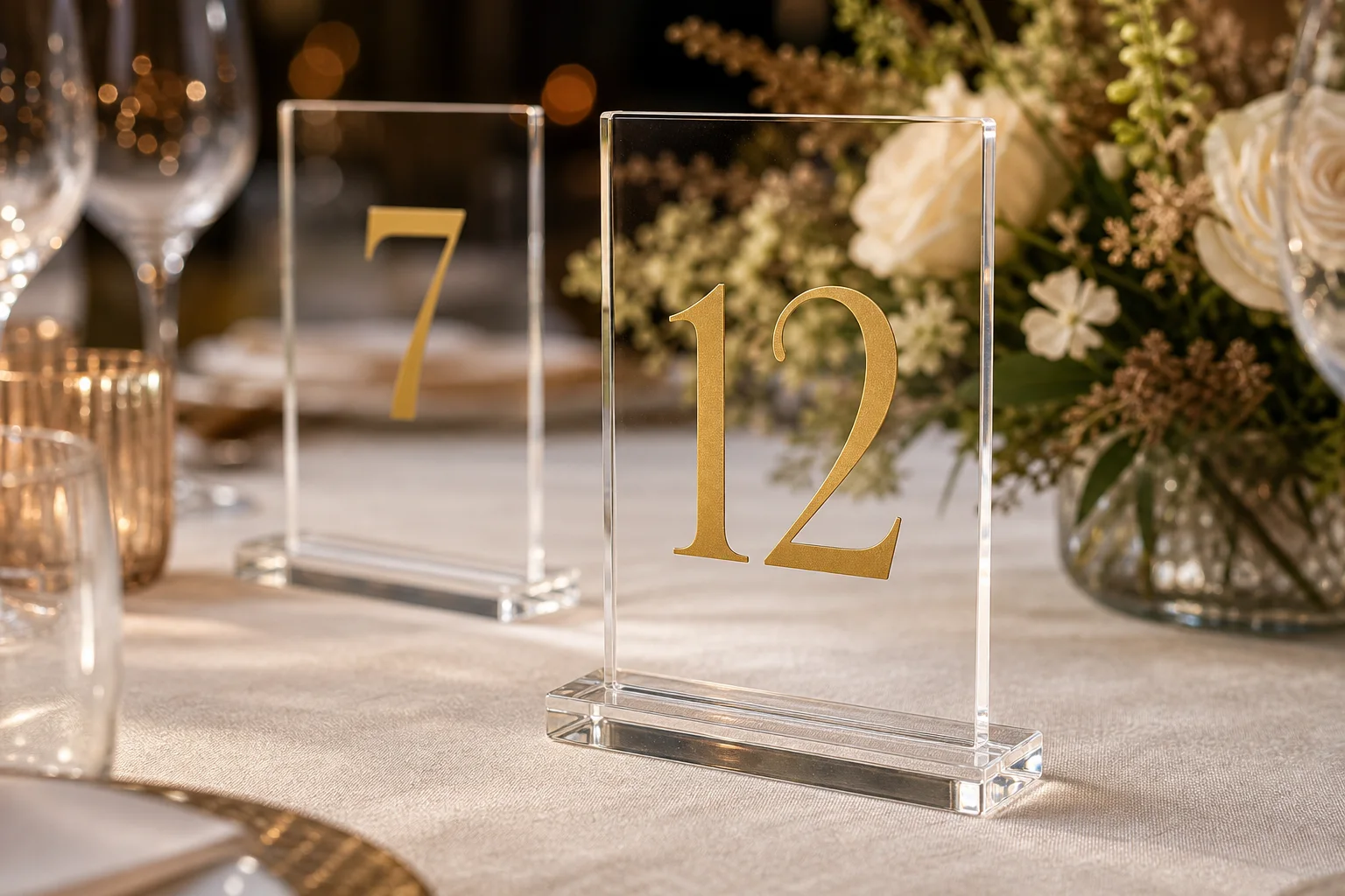 Clear acrylic table numbers with printed numerals standing in slotted bases on a linen-covered reception table, polished cast PMMA edges catching warm light