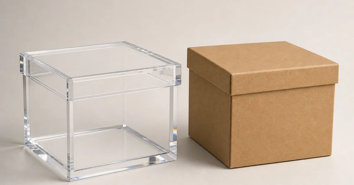 A clear cast acrylic gift box with polished beveled edges beside a matte rigid cardboard gift box on a retail counter, optically clear PMMA acrylic contrasted against opaque printed paperboard
