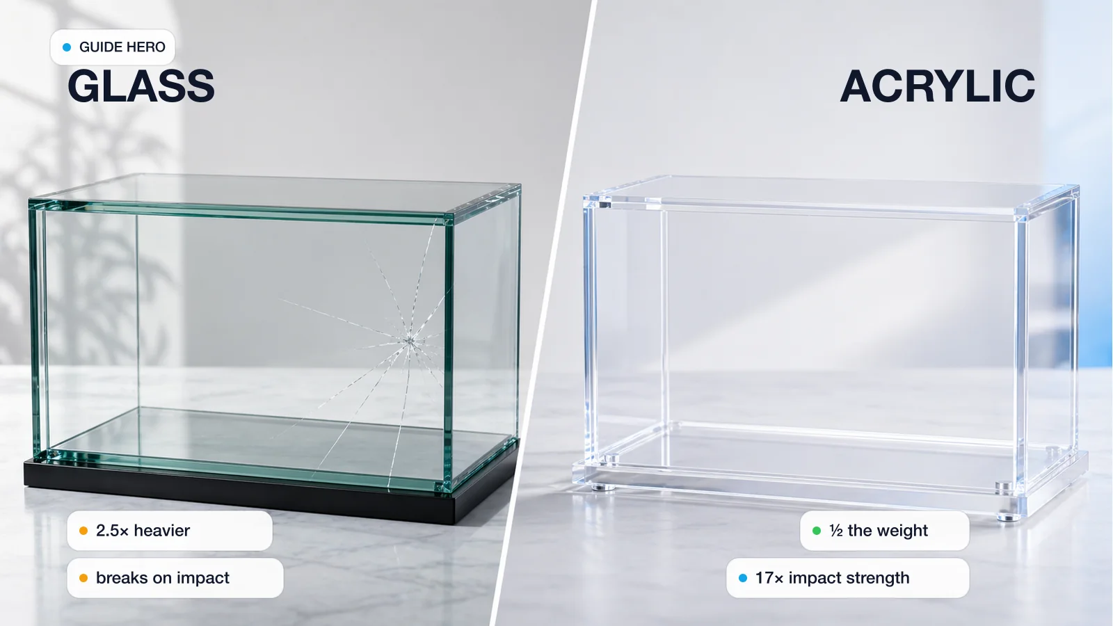 Side-by-side comparison of plexiglass vs glass display panels showing clarity and thickness