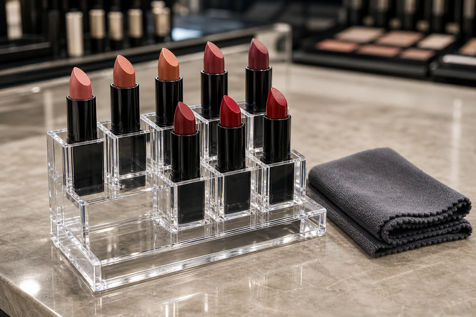 Clear acrylic cosmetics counter display with lipstick testers and a folded microfiber cloth beside it, polished edges and non-porous PMMA surface visible