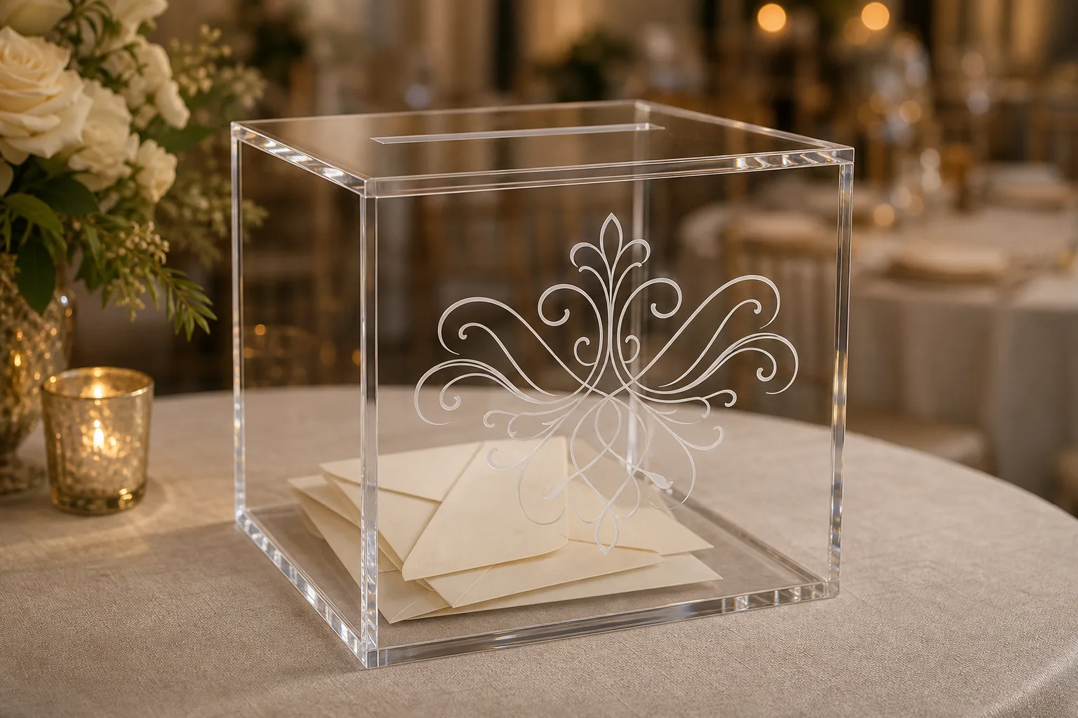 Wedding card box in clear acrylic — an engraved slot-top card box with a white flourish motif and envelopes visible inside on a reception gift table
