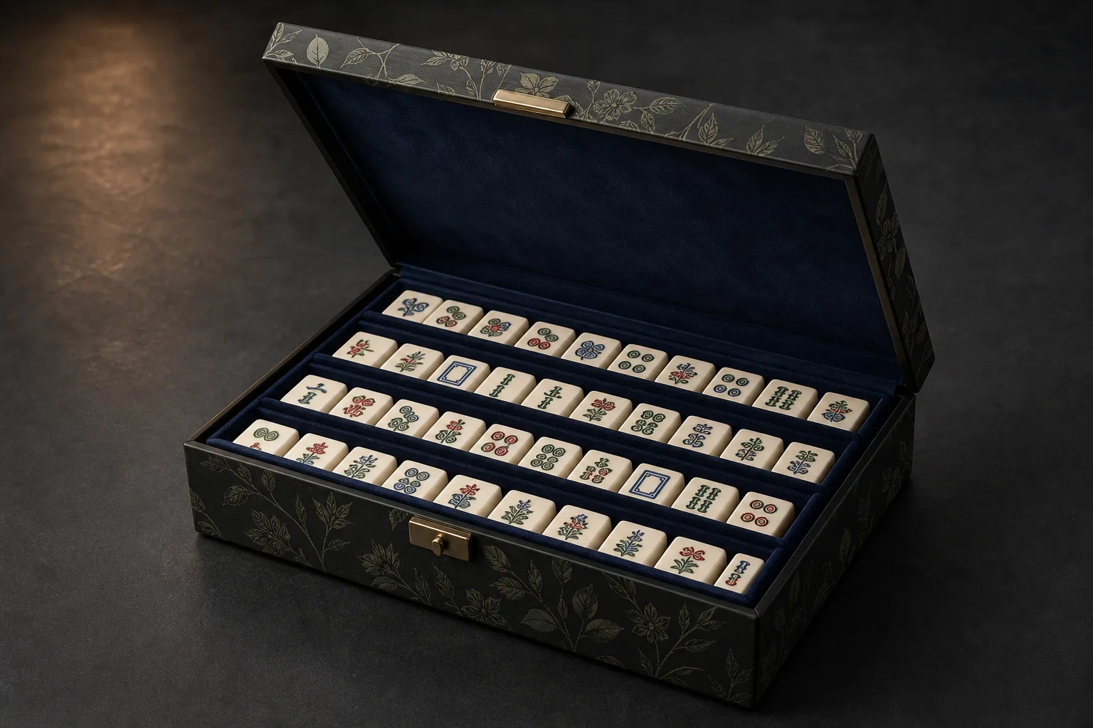 Premium custom American Mahjong storage case open at 45 degrees showing organized tile tray interior with botanical print exterior